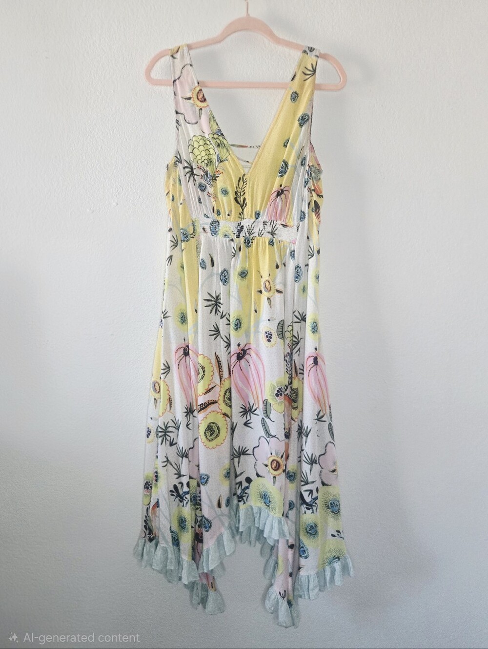 Anthropologie Floral Ruffled Handkerchief Hem Open Laced Back Midi Dress Small